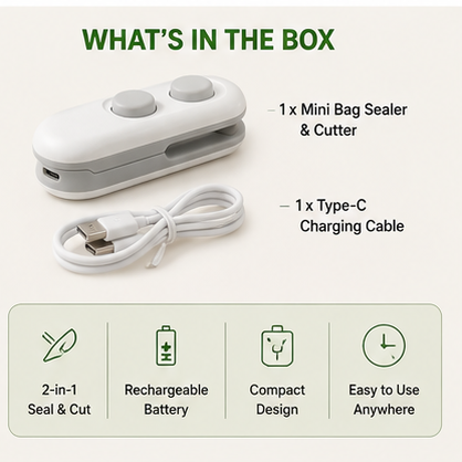 2-in-1 Mini Bag Sealer & Cutter | Portable USB Rechargeable Food Sealing Machine
