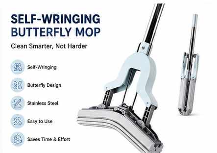 Premium Self-Wringing Butterfly Sponge Mop | Hands-Free Floor Cleaning